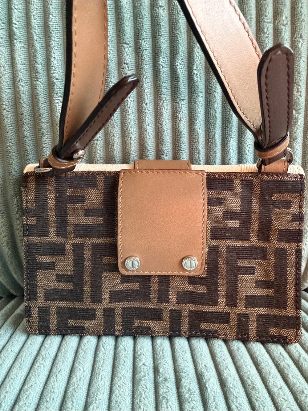 Fendi Brown Logo Canvas Clutch with Cream Flap and Tan Strap